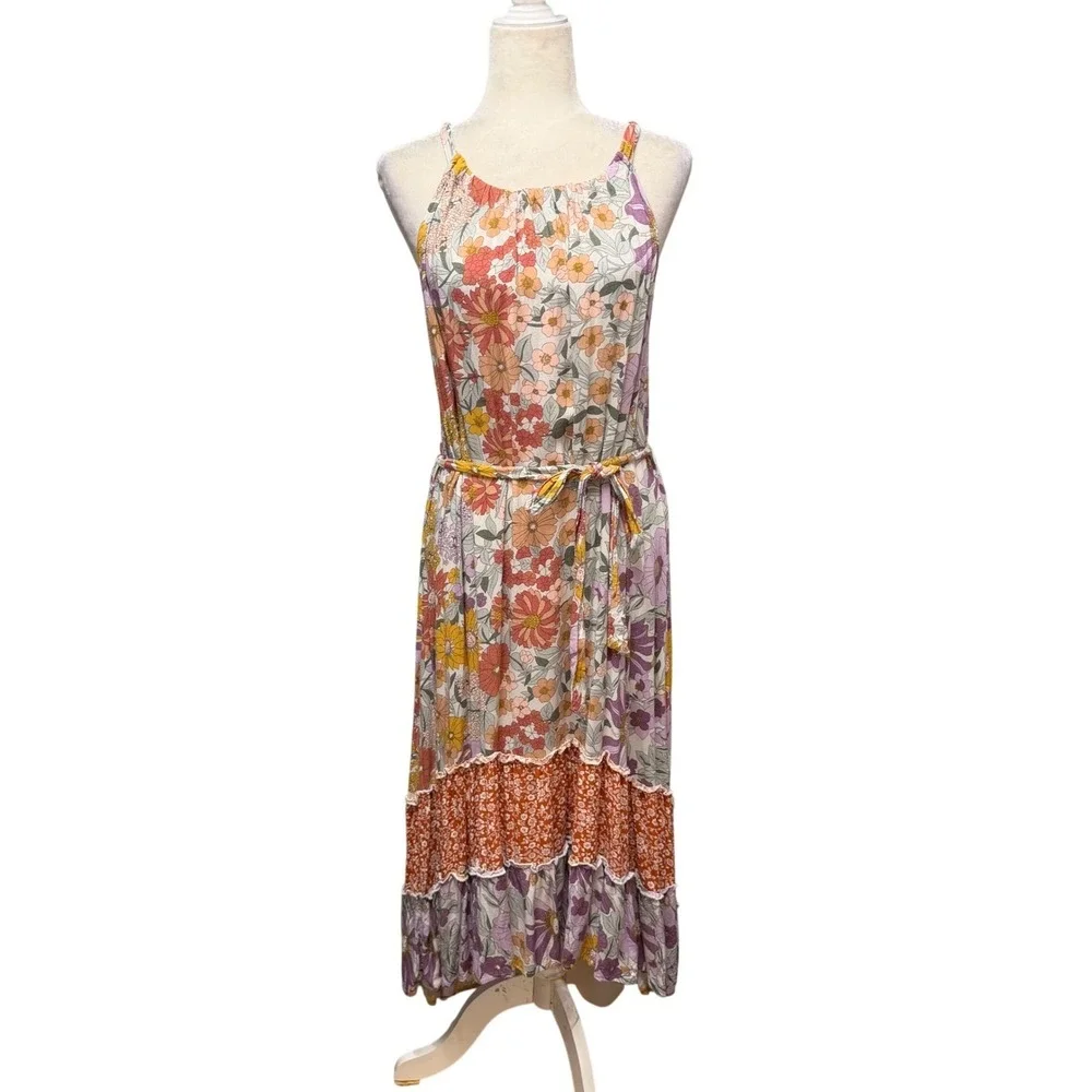 GiGio Maxi Dress Womens M Multicolor Floral‎ Boho Tiered Lace Feminine Cottage